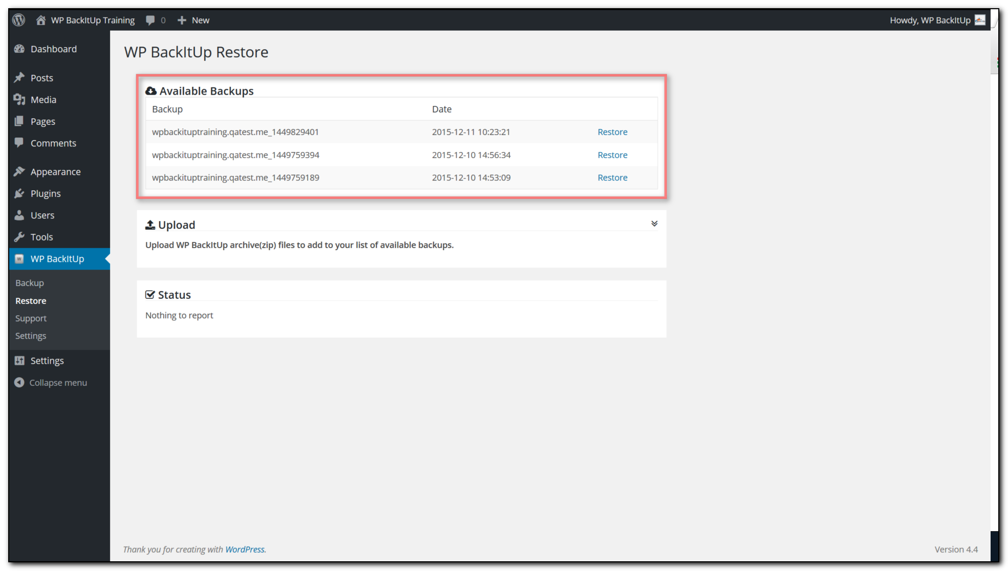 Backup restore list showing available backup files and restore actions in a WordPress dashboard