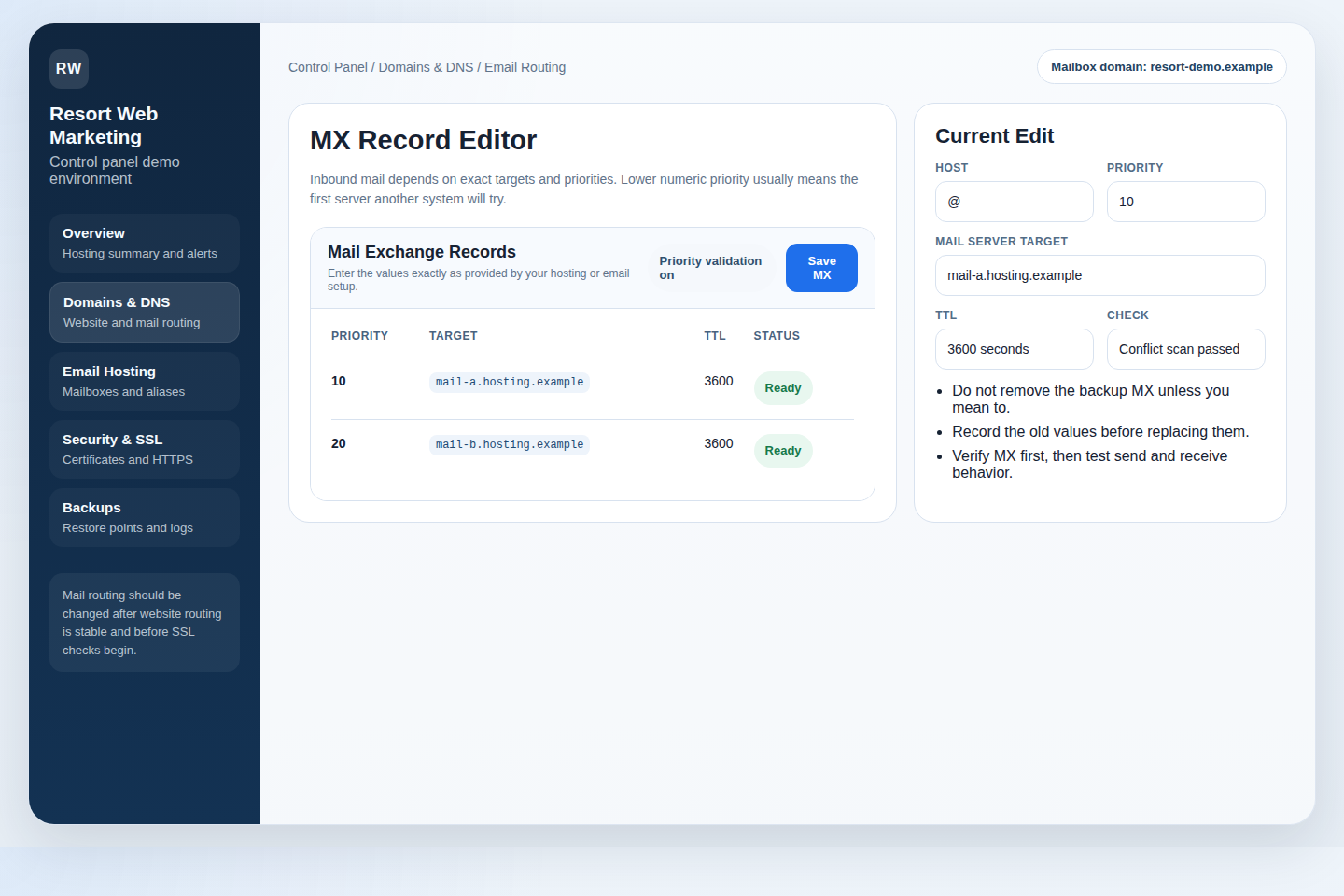 Demo control panel MX record editor showing mail server priorities and targets for inbound email routing.