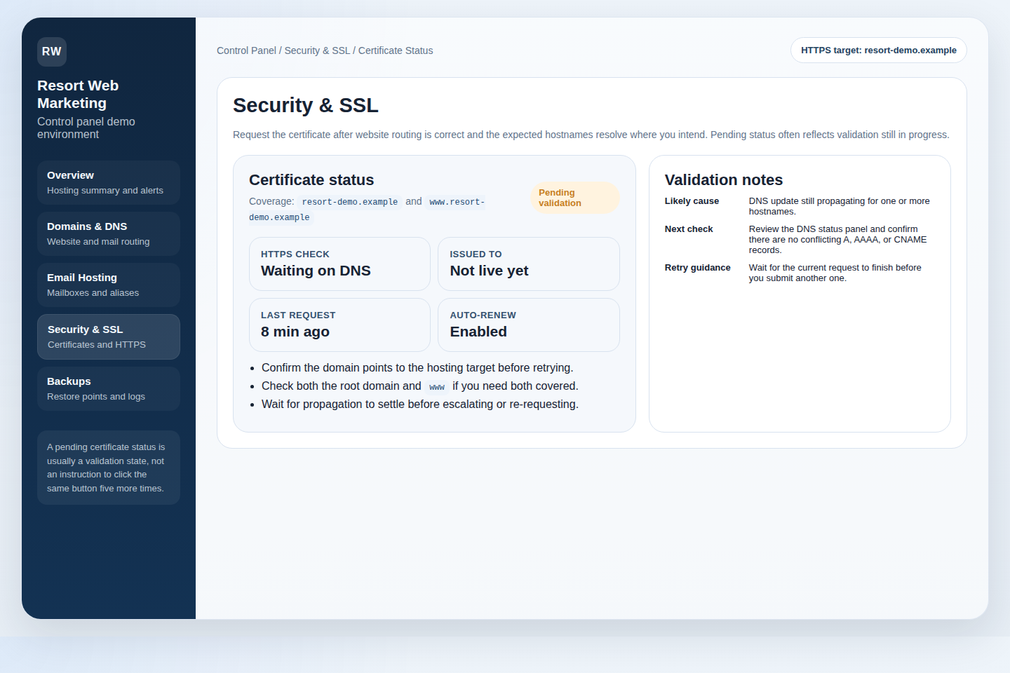Demo control panel SSL status area showing a pending certificate validation state for HTTPS setup.