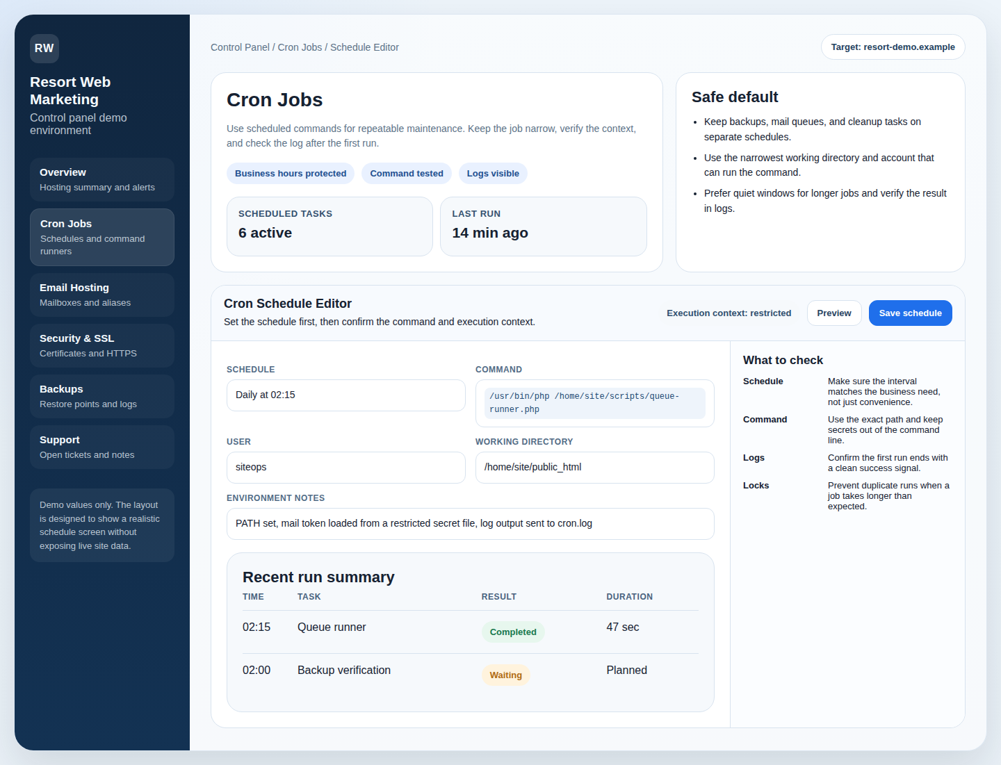 Cron schedule screen showing Schedule and Command fields